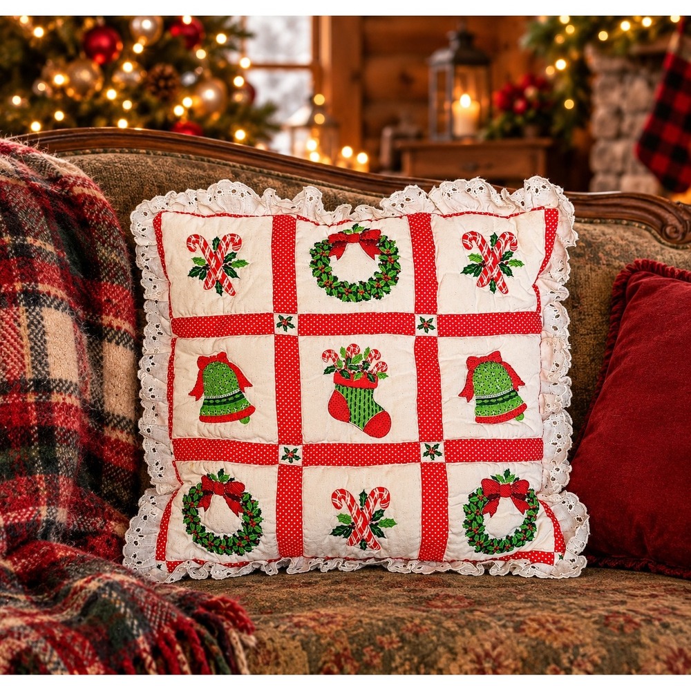 Quilted Country Christmas Throw Pillow 14x14 Red White Cottagecore Patchwork